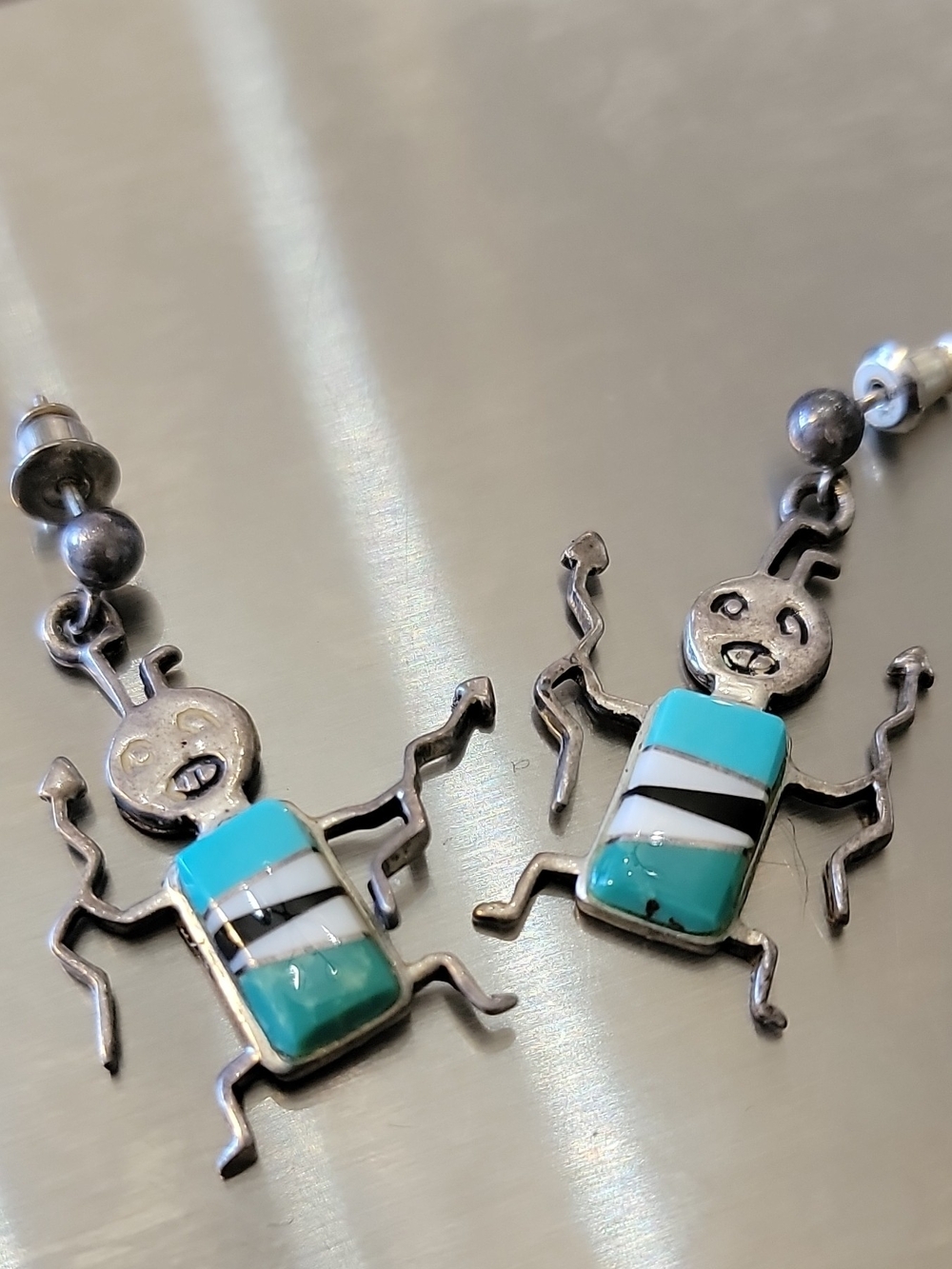 925 Sterling Silver Bug Inlay Dangle Drop Earrings Butterfly Back Signed